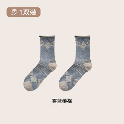 远润家秋冬法式郁金香中筒袜子女复古立体花边田园无骨棉袜