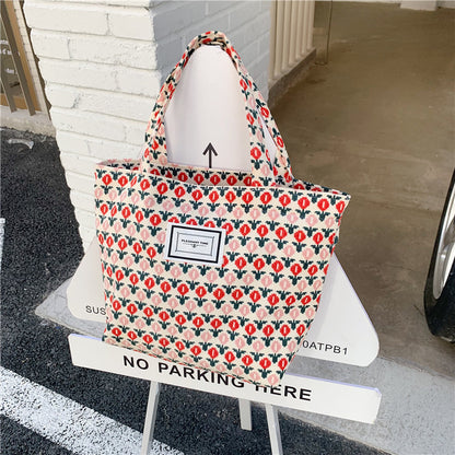 Corduroy Tote Bag with Floral Pattern