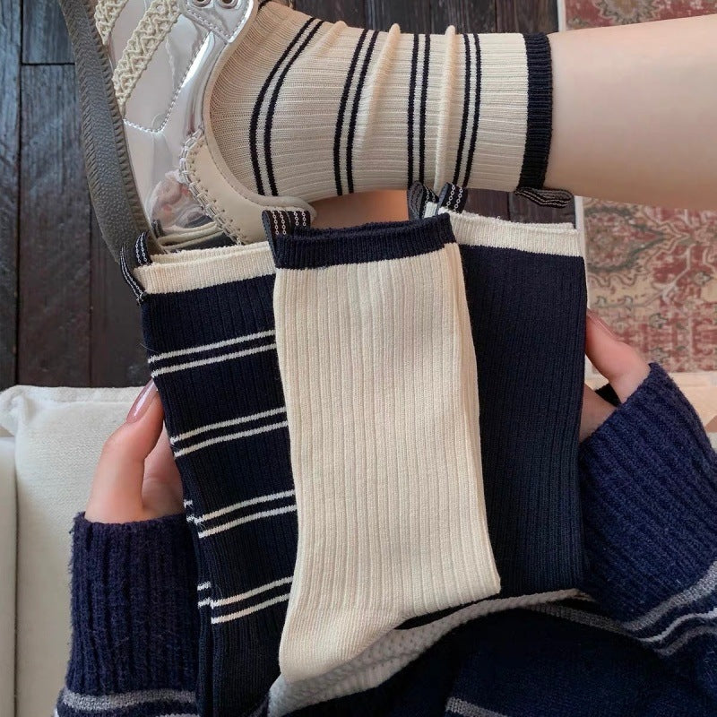 奶白色条纹袜子女秋季纯棉布标中筒袜ins潮韩版学院风长袜堆堆袜