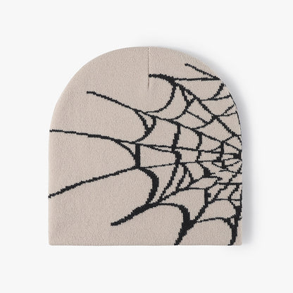 Beige spiderweb graphic brimless knit beanie product view