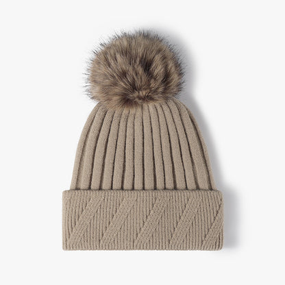 Khaki faux fur-lined pom-pom textured knit beanie product view