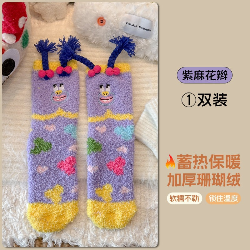 可爱卡通中筒袜女居家地板袜女跨境加厚睡眠袜女跨境新款保暖