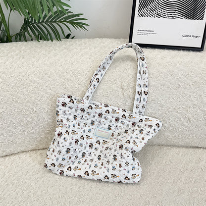 Cosbai - Floral Quilted Tote Bag with Cartoon Pattern