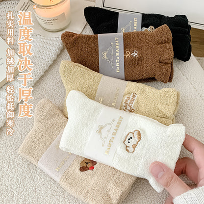 秋冬保暖袜子女中筒袜加绒加厚刺绣花边堆堆袜可爱中筒袜子堆堆袜
