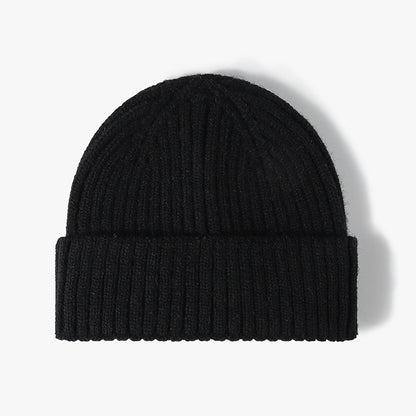 Black solid ribbed cuffed knit beanie product view