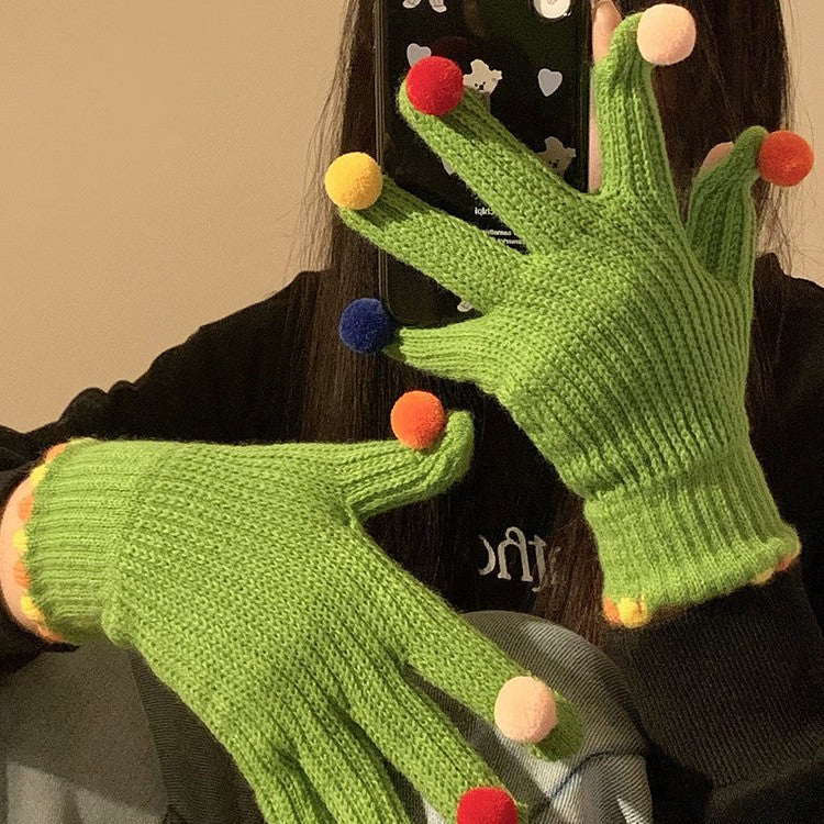 Gloving - Multicolor Pom-Pom Ribbed Gloves