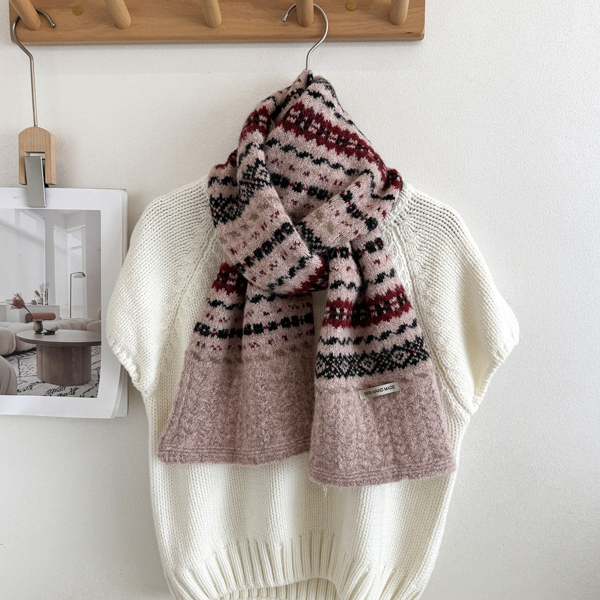 费尔岛复古蓝色毛线围巾女秋冬季加厚保暖韩系氛围感针织围脖护颈