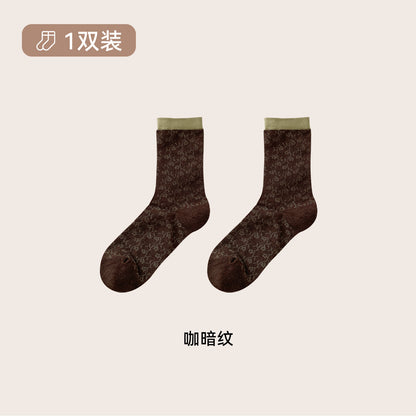 CHEEMY FREE秋冬复古浮雕提花木耳边文艺小清新中筒袜袜子女堆堆