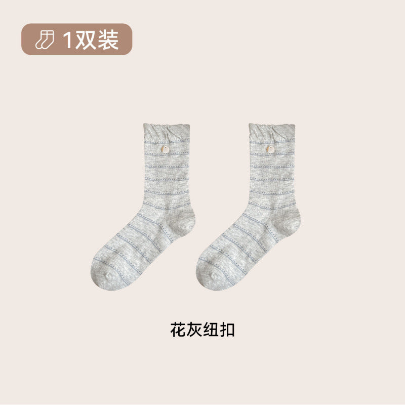 远润家秋冬韩系海盐蓝木耳花边中筒女袜复古百搭无骨堆堆棉袜