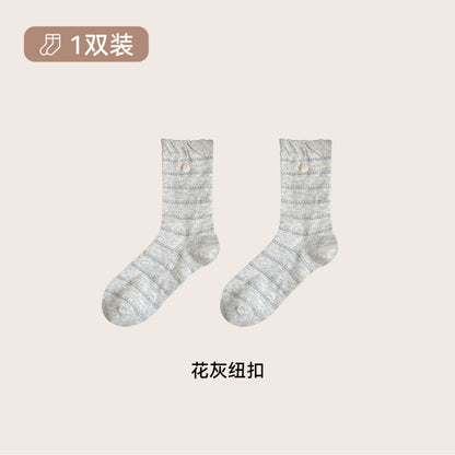 远润家秋冬韩系海盐蓝木耳花边中筒女袜复古百搭无骨堆堆棉袜