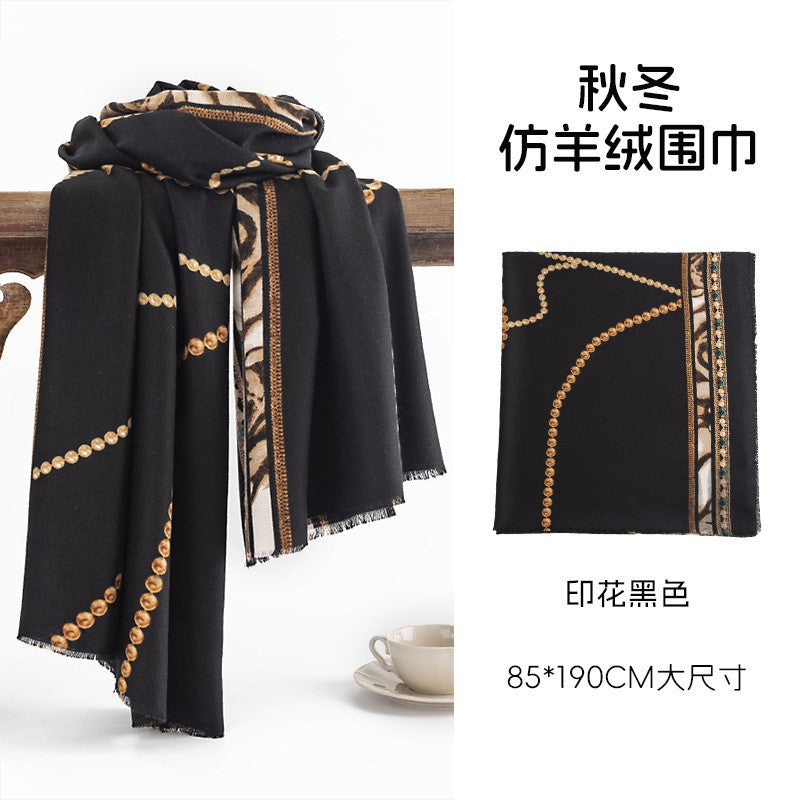 条纹印花围巾欧美街头风仿羊绒时尚保暖围脖氛围感秋冬户外披肩女