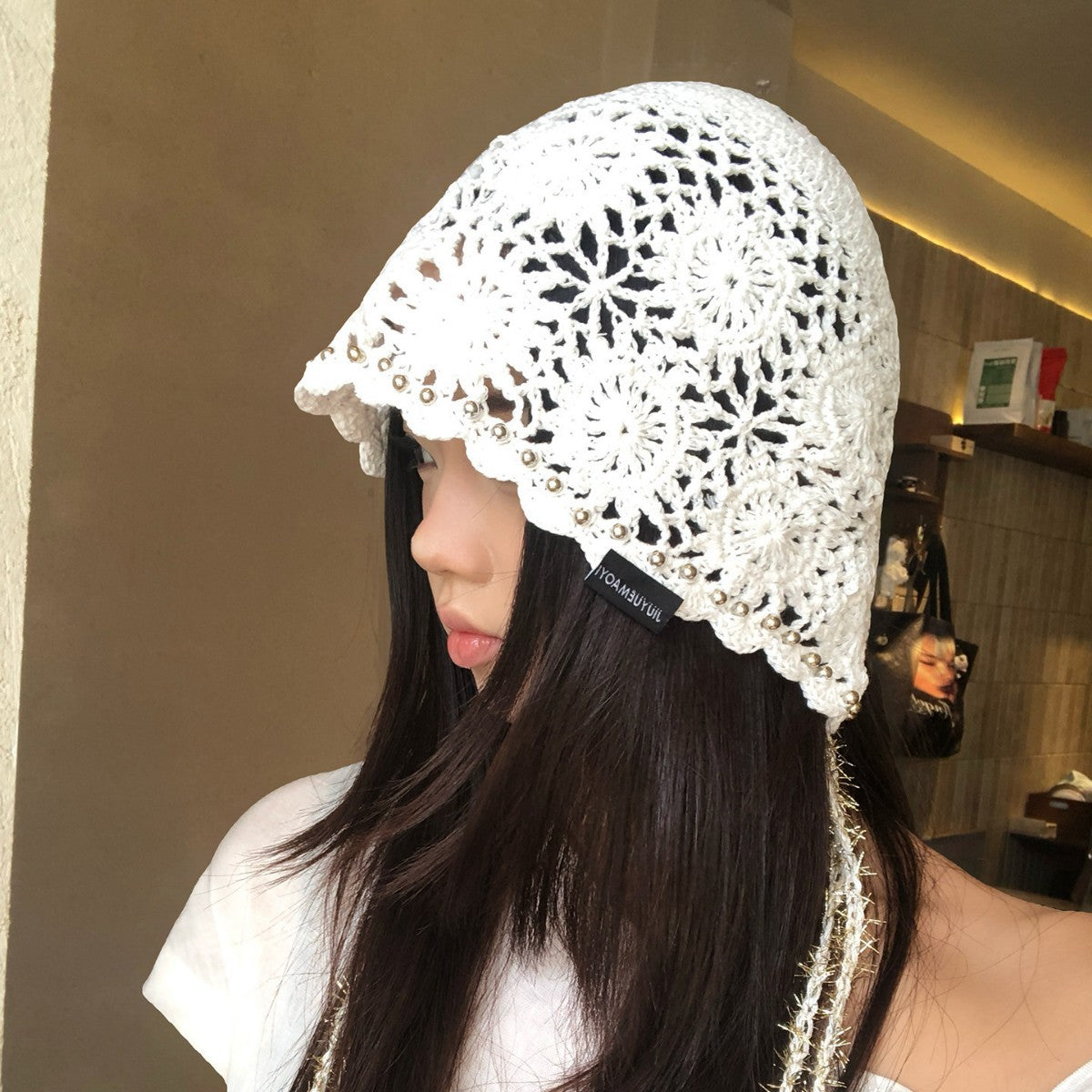 日系手工编织镂空花朵包头帽女春夏薄款透气氛围感显脸小套头帽子