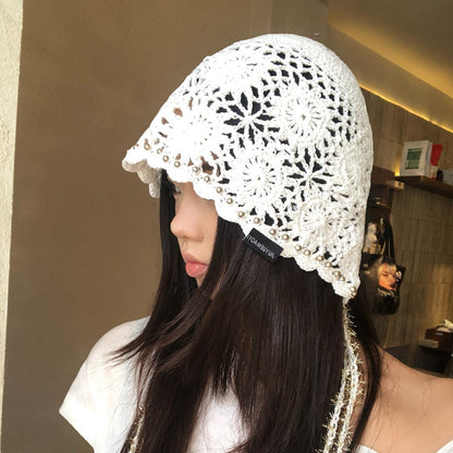 日系手工编织镂空花朵包头帽女春夏薄款透气氛围感显脸小套头帽子