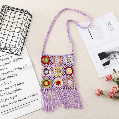 Cosbai Bohemian tassel crochet crossbody bag full view with strap and tassels