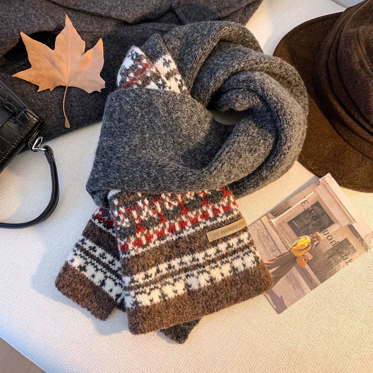 Product image for Scarvii - Fuzzy Geometric Band Knit Scarf (Dark Gray)