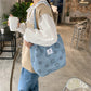 Vintage Corduroy Smiley Face Shoulder Tote Bag