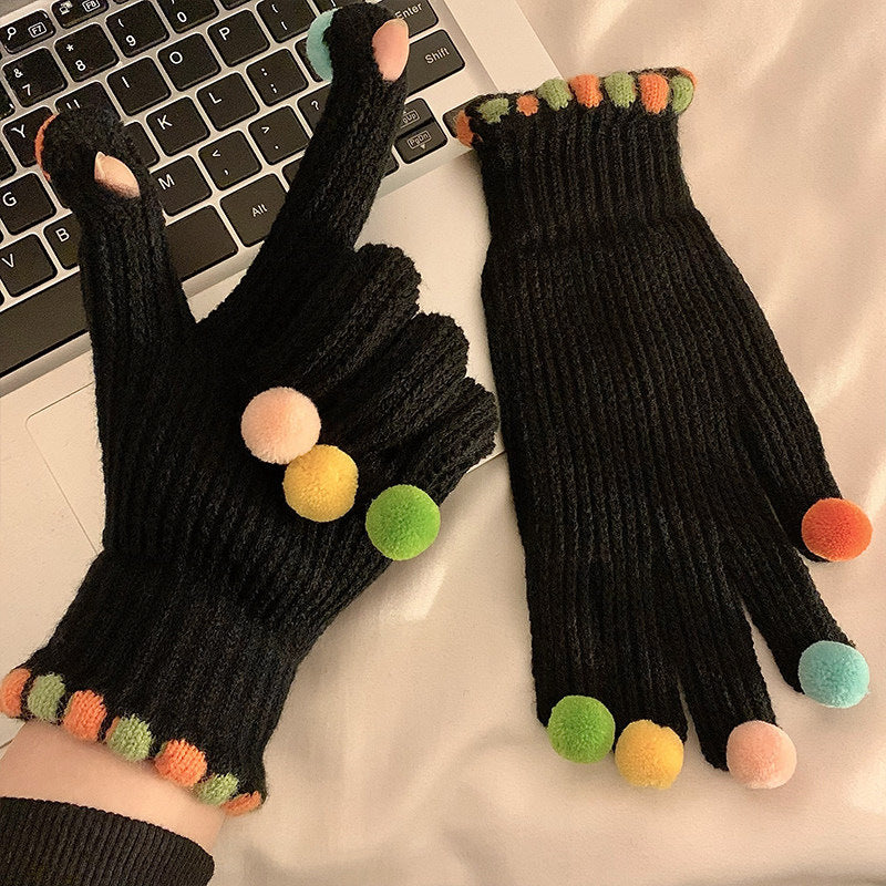 Gloving - Multicolor Pom-Pom Ribbed Gloves