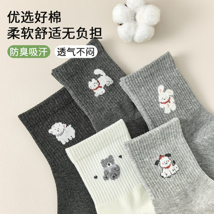 卡通袜子女中筒袜春秋防臭吸汗棉袜可爱女袜白色女士无骨长筒袜