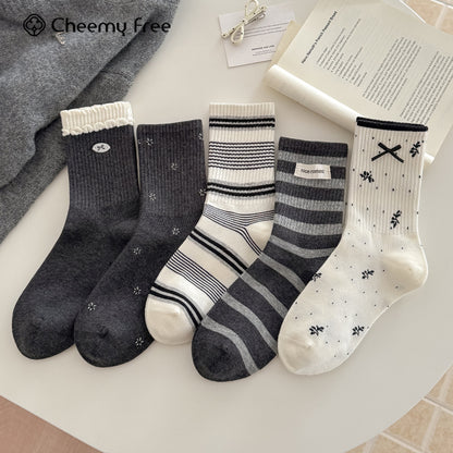 CHEEMY FREE秋冬韩系条纹蝴蝶结灰白色休闲中筒袜子女花边ins风袜