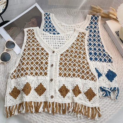 Crosa - Vintage Crochet Openwork Knit Vest Cardigan