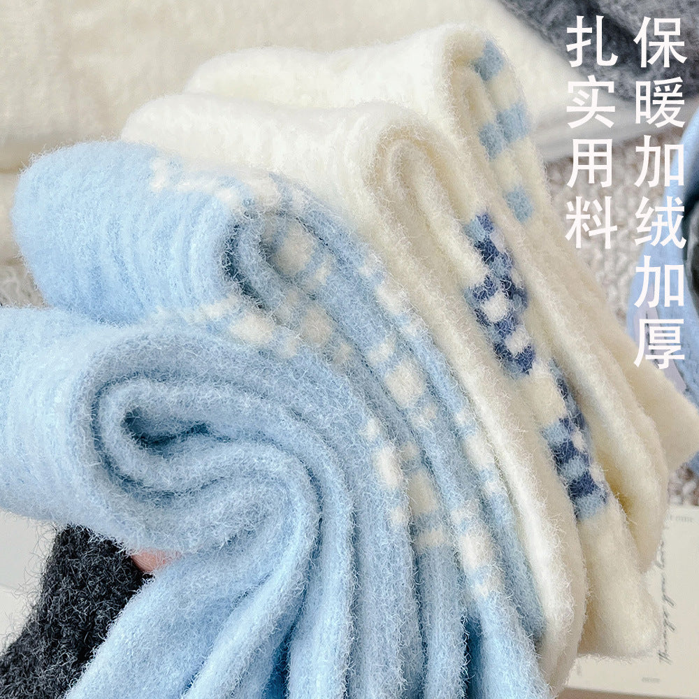 秋冬保暖澳绒袜加厚可爱卡通刺绣蓝色系奶白中筒袜加绒袜子批发