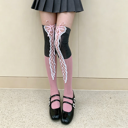 Product image for Rufia - Color-Blocked Panels Over-The-Knee Socks (Gray / Pink)