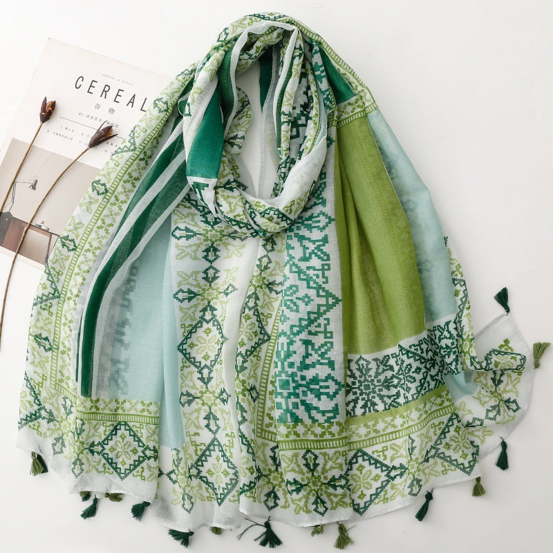 Green Geometric Patchwork Tassel Wrap Scarf, draped front view