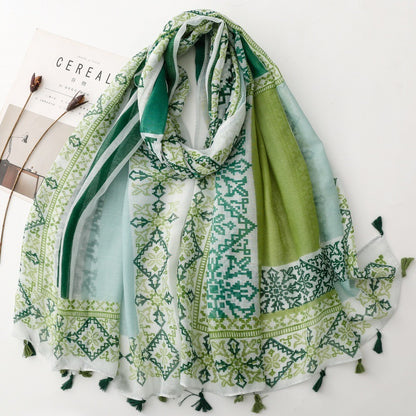 Green Geometric Patchwork Tassel Wrap Scarf, draped front view