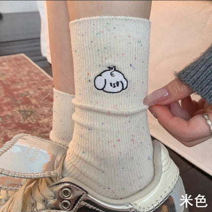 可爱卡通袜子女生秋季纯棉中筒袜ins潮小狗刺绣长袜点子纱堆堆袜