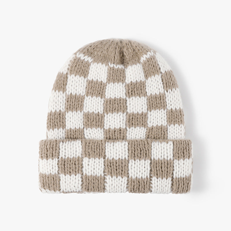 Khaki White checkerboard knit cuffed beanie