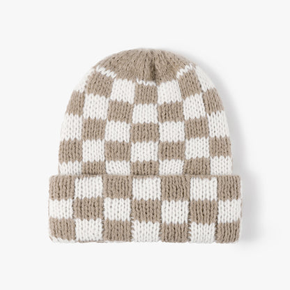Khaki White checkerboard knit cuffed beanie