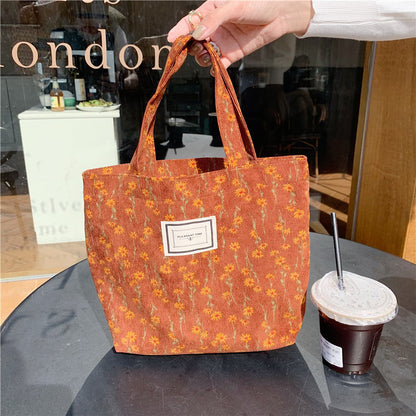 Orange Cosbai Floral Corduroy Mini Tote Bag