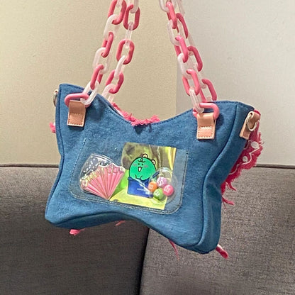 Cosbai - Denim Butterfly Tassel Shoulder Bag with Acrylic Chain