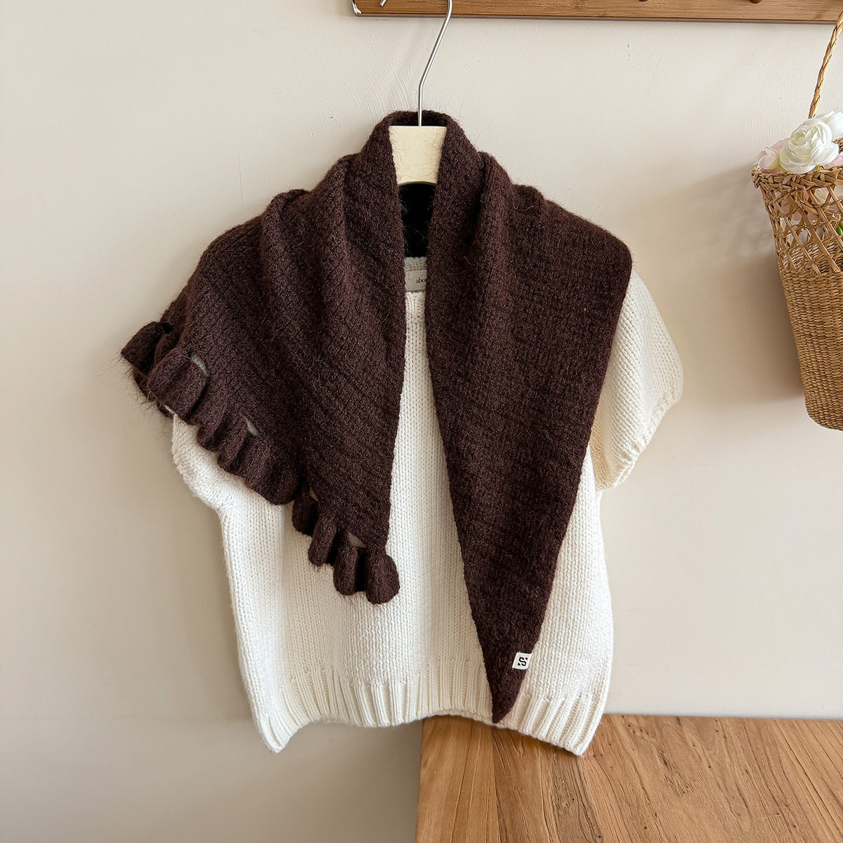 Product image for Scarvii - Fuzzy Knit Fringe Triangle Scarf (Dark Coffee)