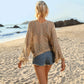 Crosa - Solid Color Beach Cover-Up with Tassel Bell Sleeves