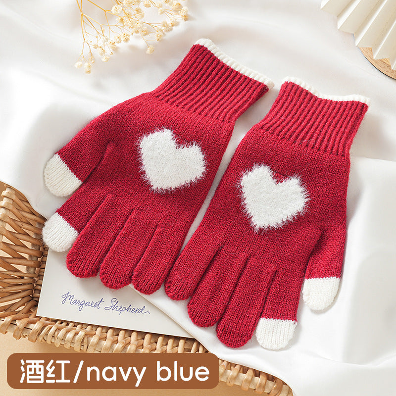 桃心触屏手套女士秋冬季加厚可爱新款保暖毛线学生韩版防寒针织