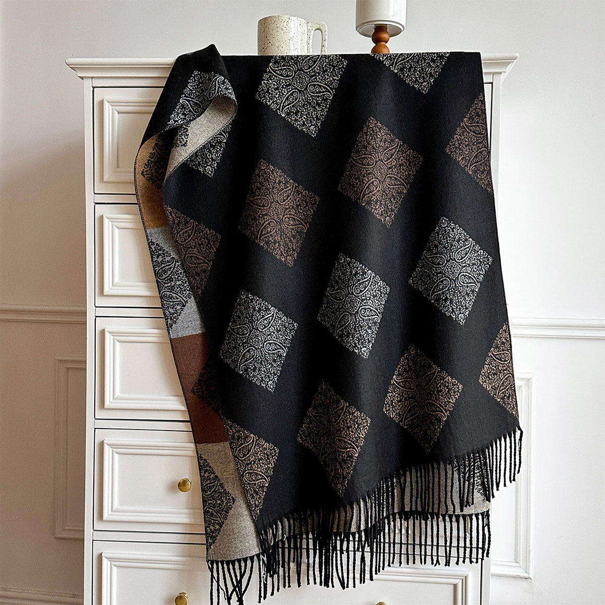 Product image for Scarvii - Diamond Paisley Twisted Fringe Scarf (Black)