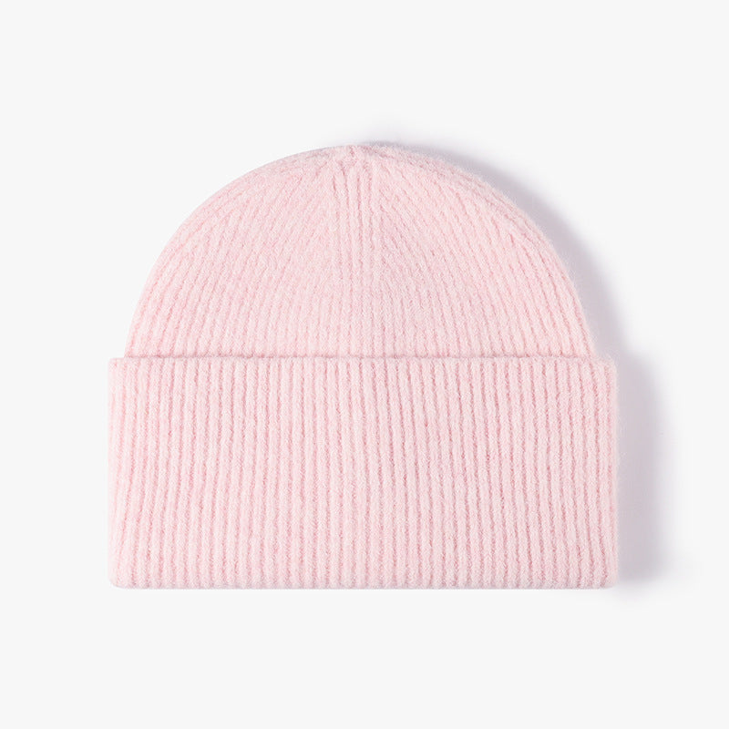 Pink fuzzy ribbed wide cuff knit beanie product view