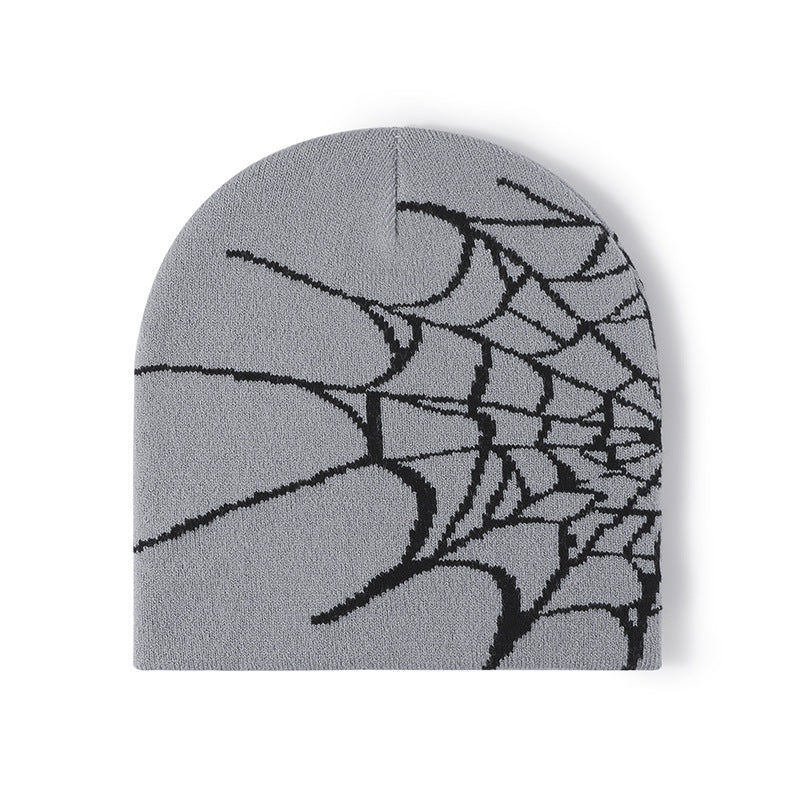 Black spiderweb graphic brimless knit beanie product view