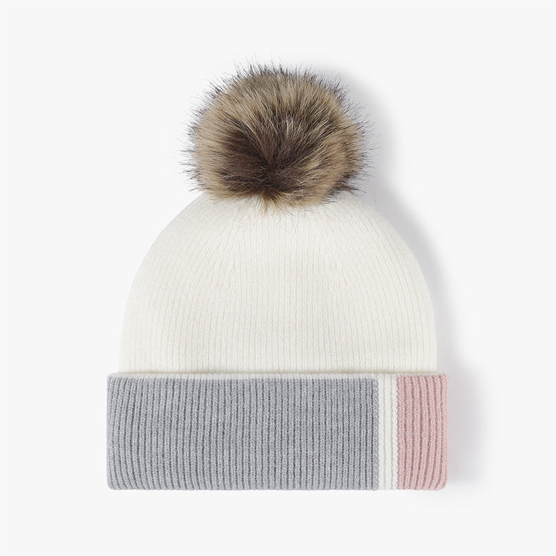 White colorblock plush lined pom knit beanie
