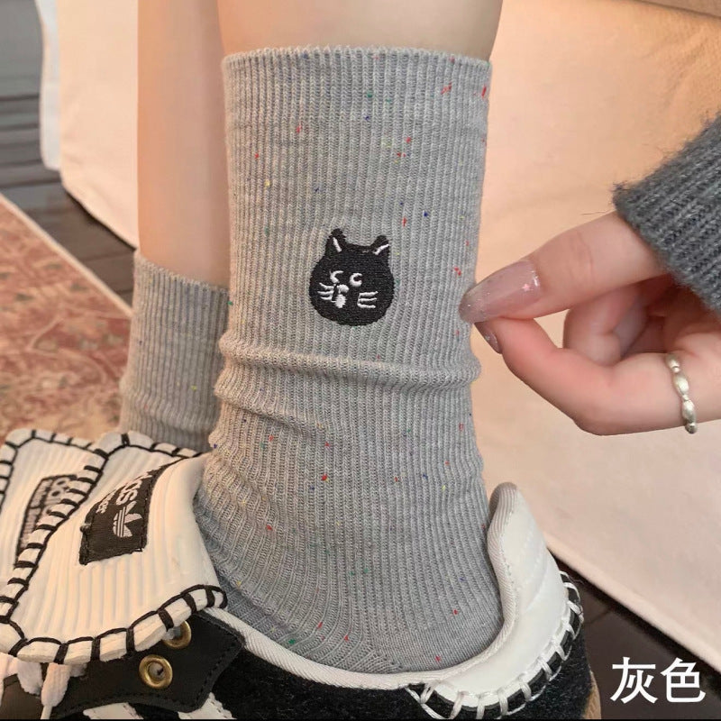 可爱卡通袜子女生秋季纯棉中筒袜ins潮小狗刺绣长袜点子纱堆堆袜