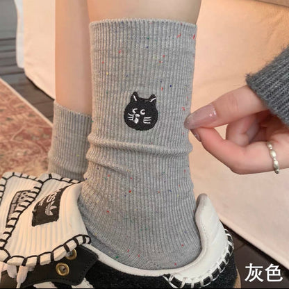 可爱卡通袜子女生秋季纯棉中筒袜ins潮小狗刺绣长袜点子纱堆堆袜