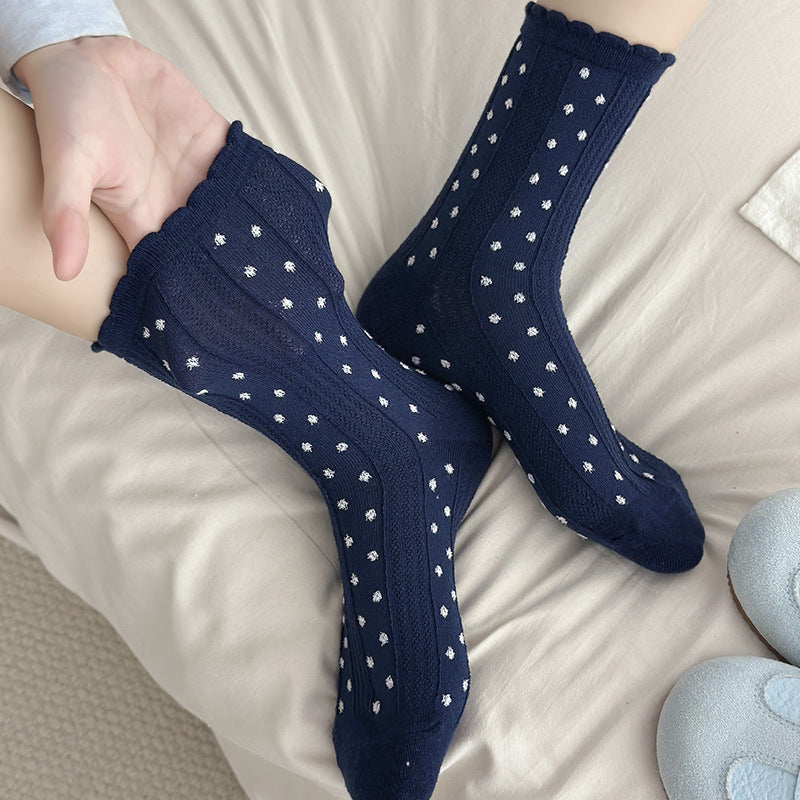 春秋可爱小花边波点泡泡口袜子女中筒袜纯棉袜日系花苞口点点袜子