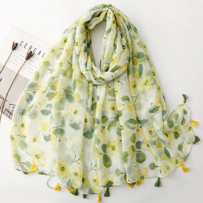 Mint Watercolor Floral Tassel Wrap Scarf, draped front view