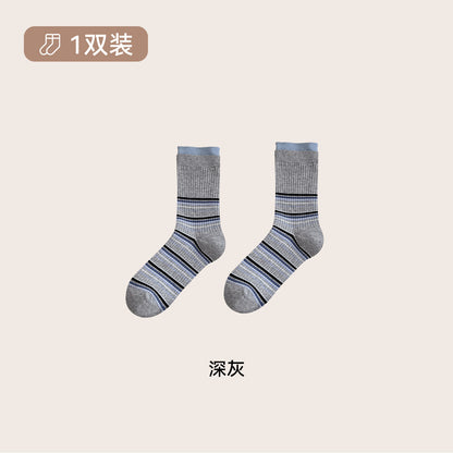 CHEEMY FREE秋冬韩系拼色横条纹中筒袜子女miu风无骨双罗口堆堆袜