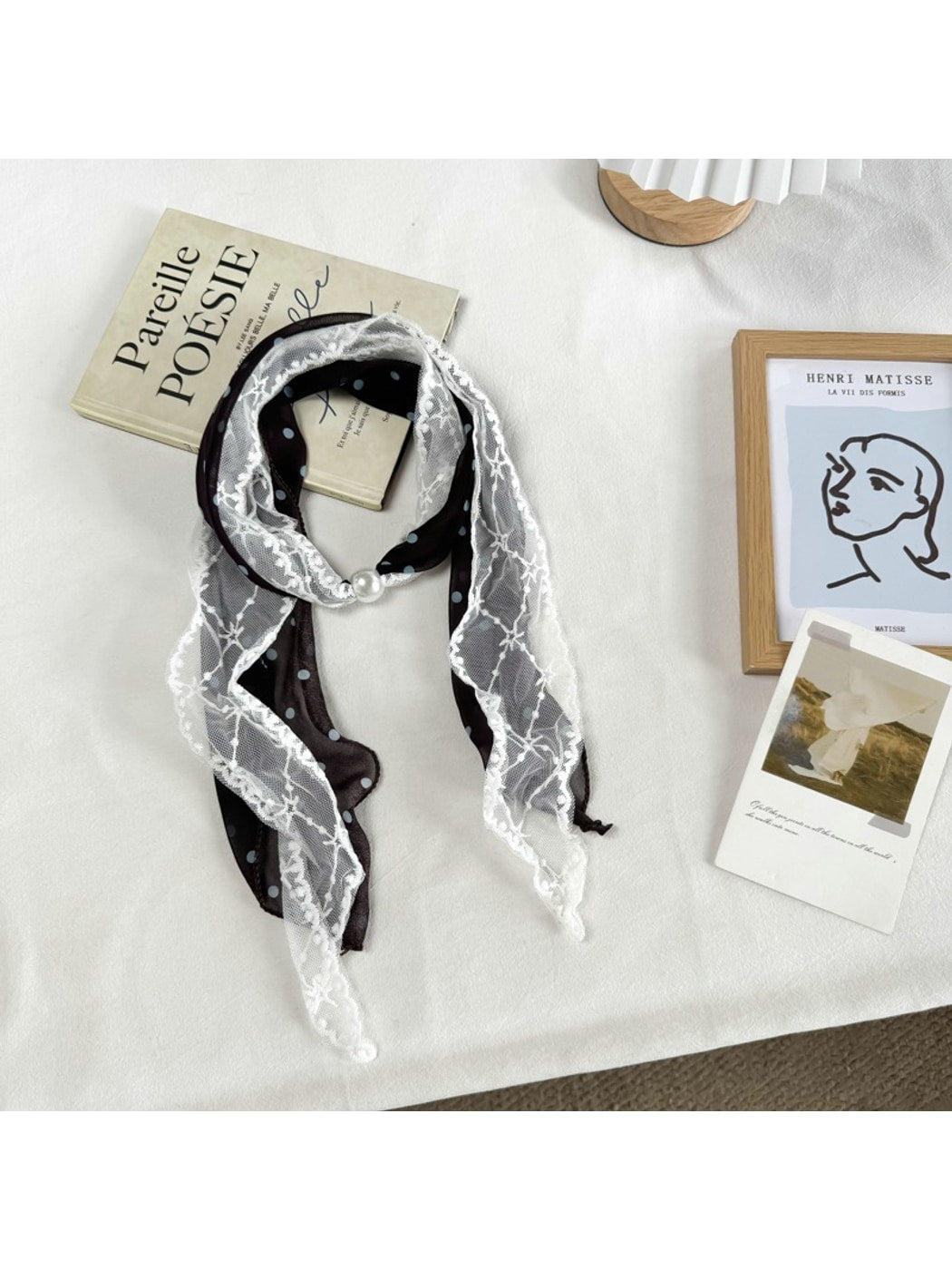 Scarvii - Polka Dot Lace-Edge Long Narrow Neck Scarf