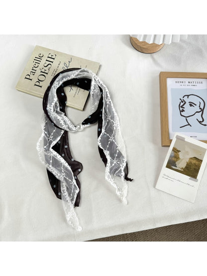 Scarvii - Polka Dot Lace-Edge Long Narrow Neck Scarf