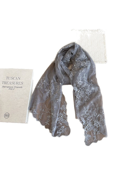 Scarvii - Rose Embroidered Lace Edge Long Scarf