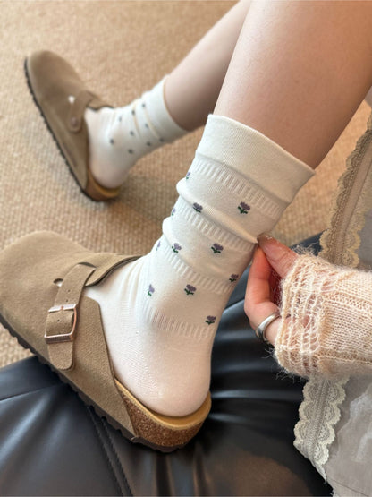 Rufia - Floral Pattern Ribbed Crew Socks