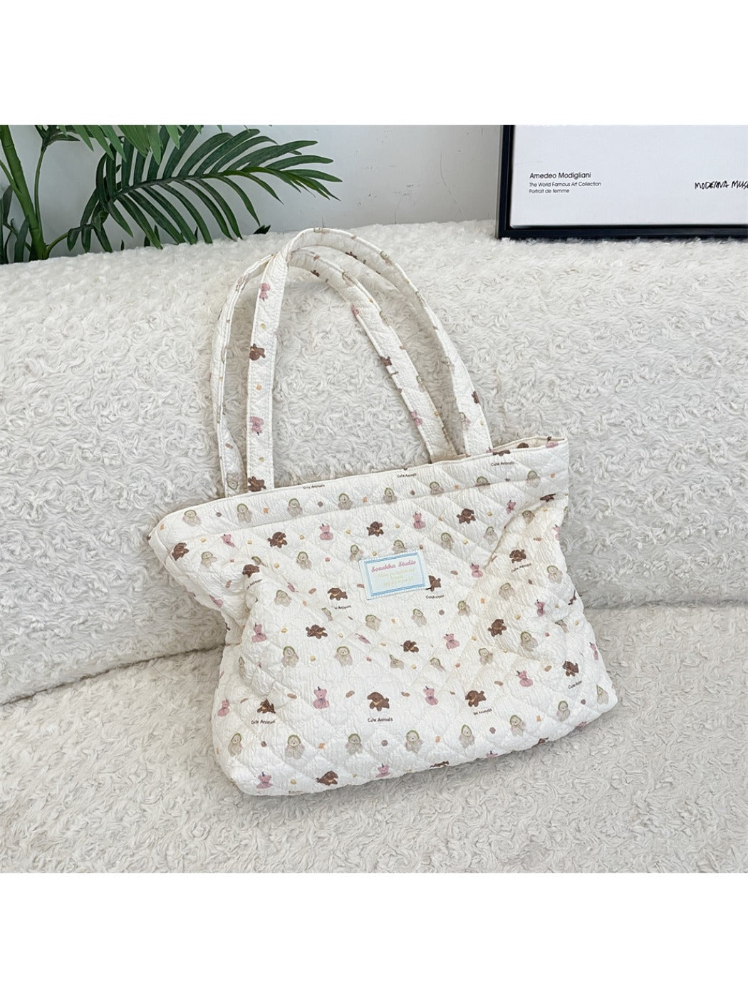 Cosbai - Floral Quilted Tote Bag with Cartoon Pattern